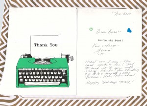 Gloria's typewriter card, replete with stickers