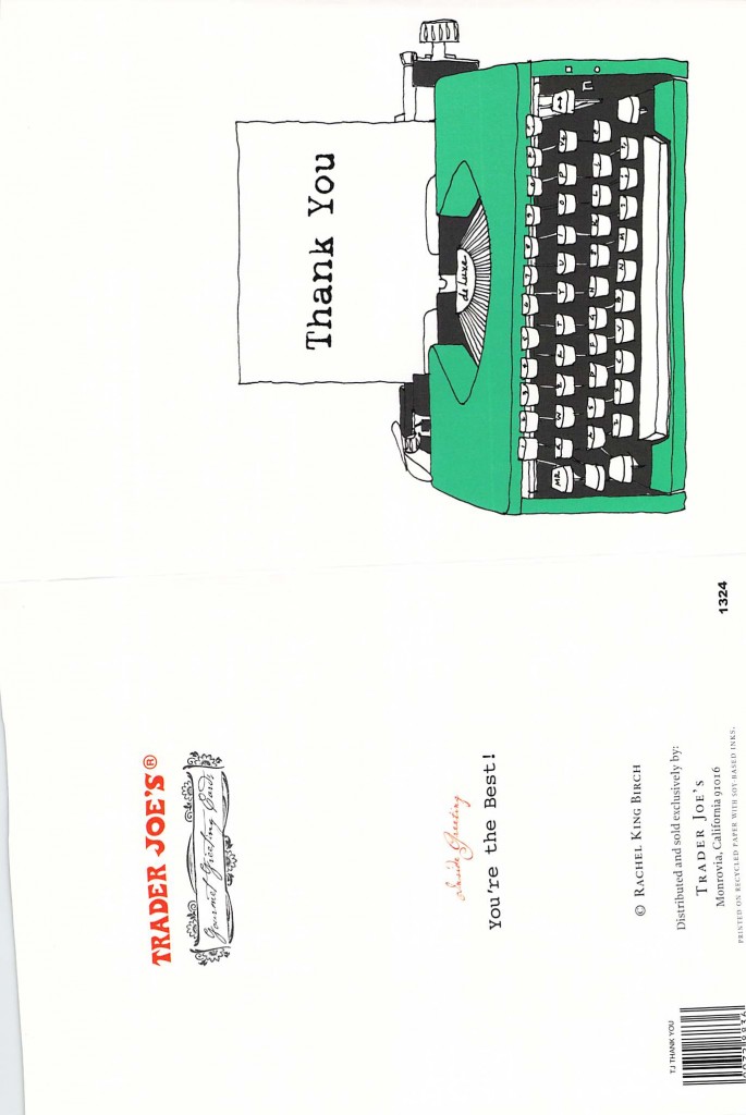 Trader Joe's typewriter card.